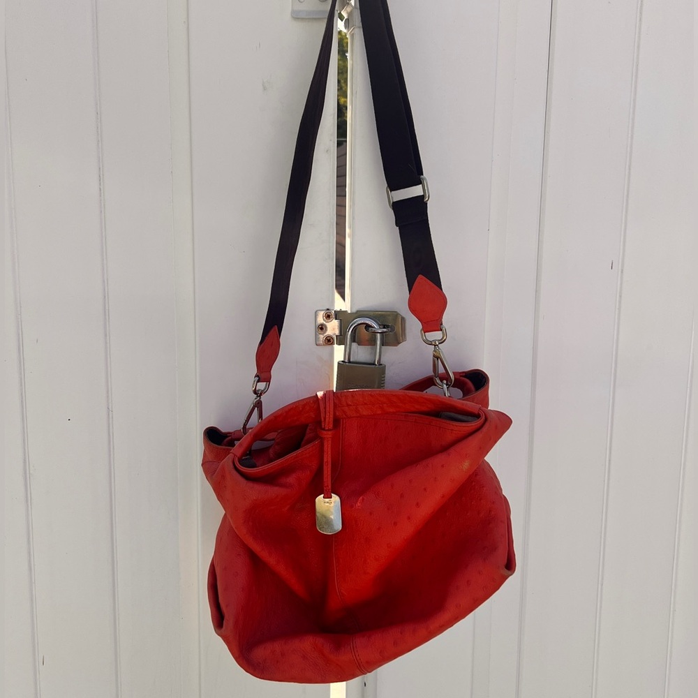 Furla Elisabeth Ostrich-Embossed Leather Hobo Bag.